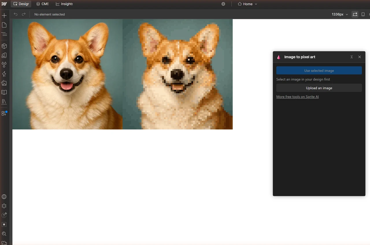 A corgi photo and its pixel art version side by side in the Webflow Designer, with the Image to pixel art panel open