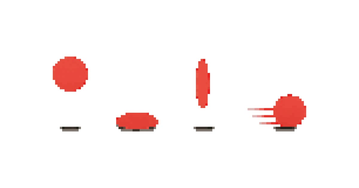 Pixel art sprite demonstrating squash and stretch animation principle