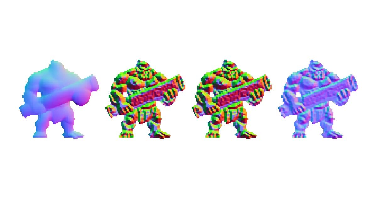 The same pixel art sprite run through four different normal map generators, side by side