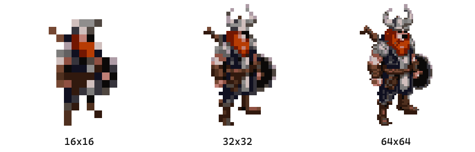 The same viking at three sizes, converted at 16 colors