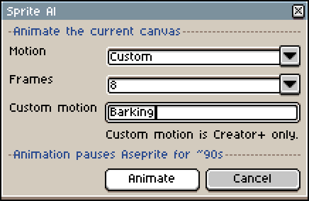 The Animate dialog with a motion and frame count