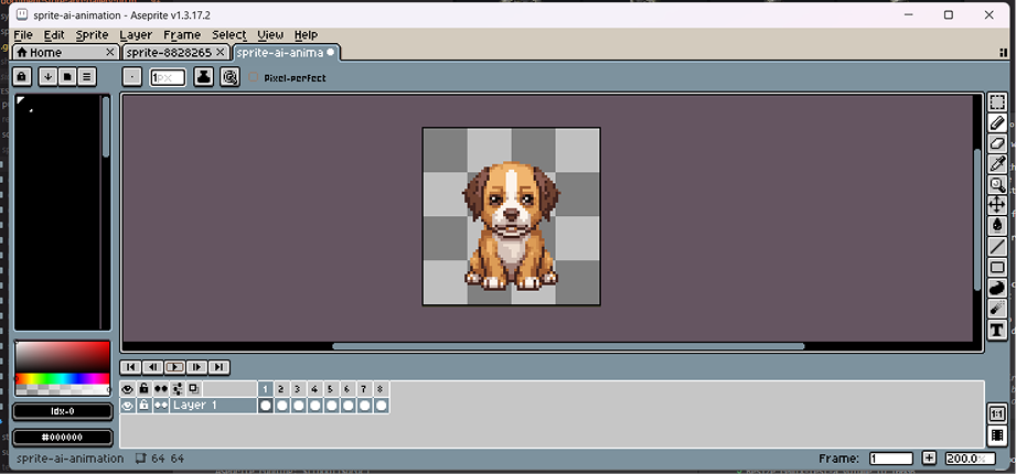 The generated sprite open on the Aseprite canvas