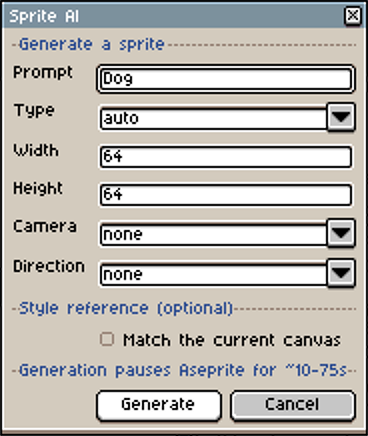 The Generate dialog with a prompt, type, and size