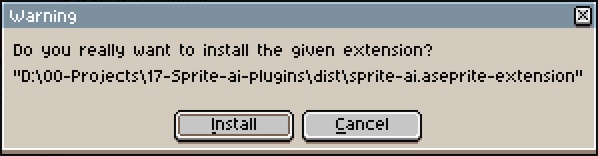 Confirming the Sprite AI extension install in Aseprite