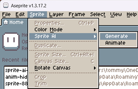 The Sprite AI submenu under Aseprite's Sprite menu