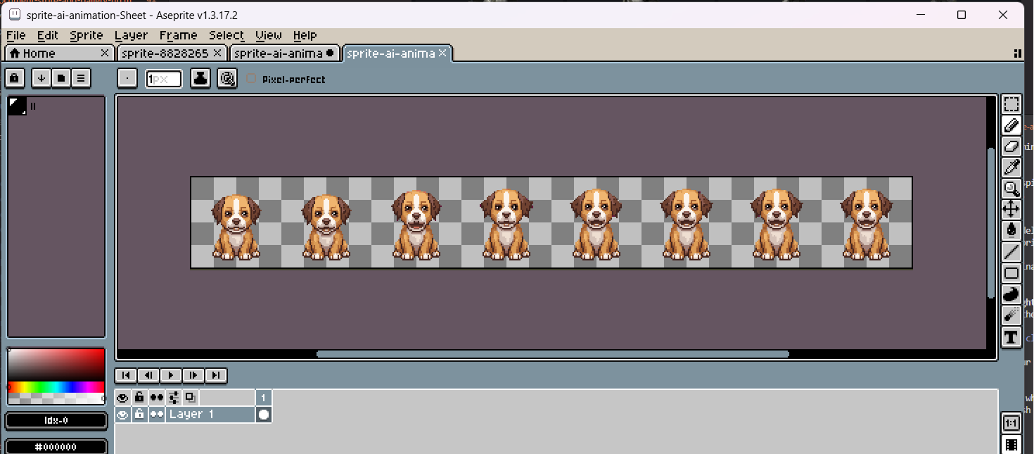 The finished animation in Aseprite's timeline