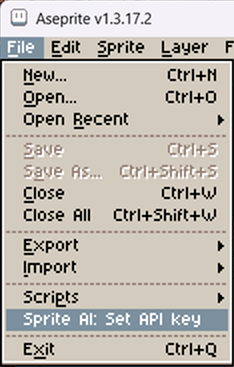 Opening Set API key from the File then Scripts menu