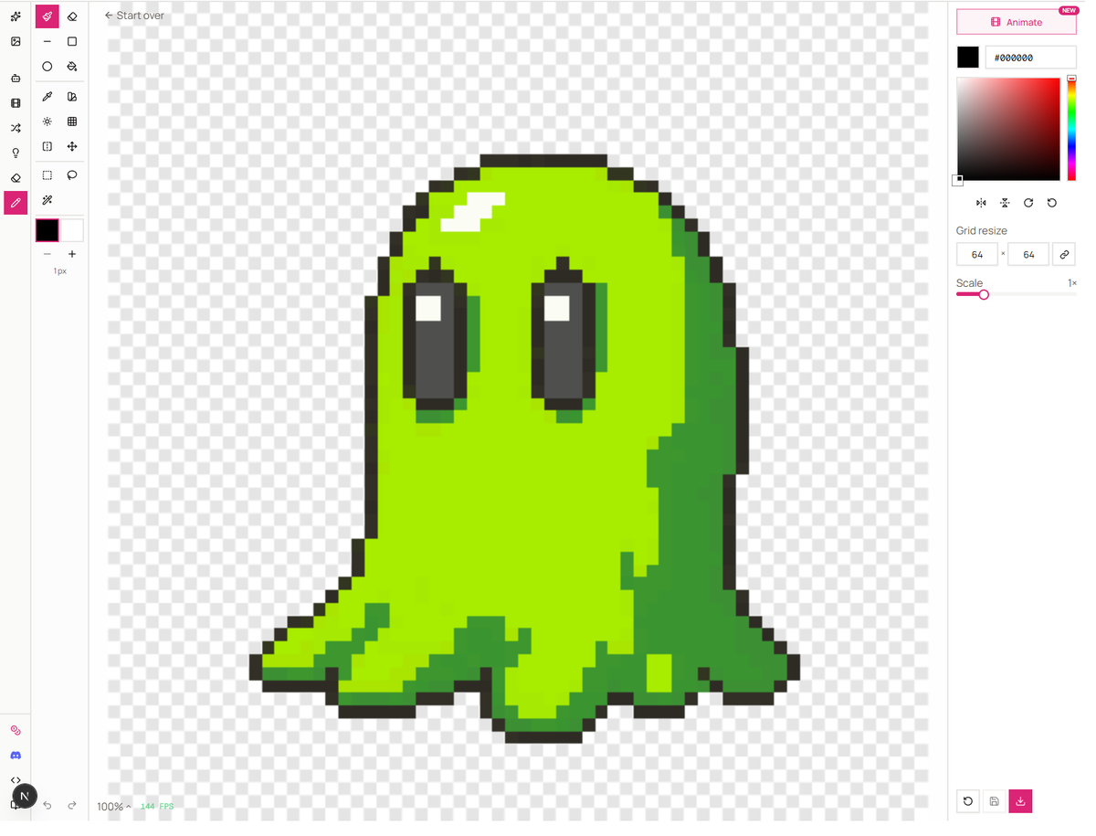 The finished slime sprite in the Pixel editor with shading, highlights, and clean outline