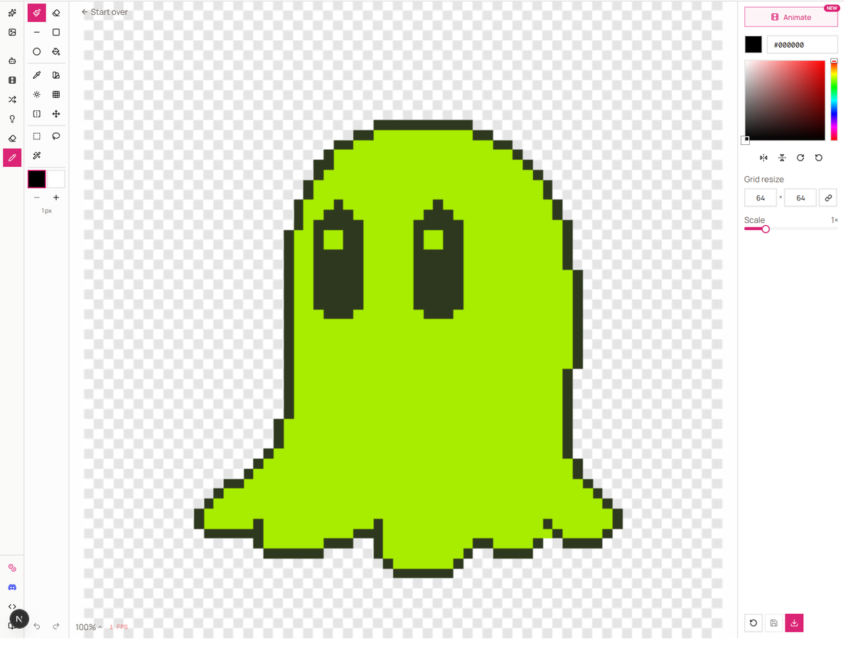 The slime filled with its flat base green in the Pixel editor, no shading yet