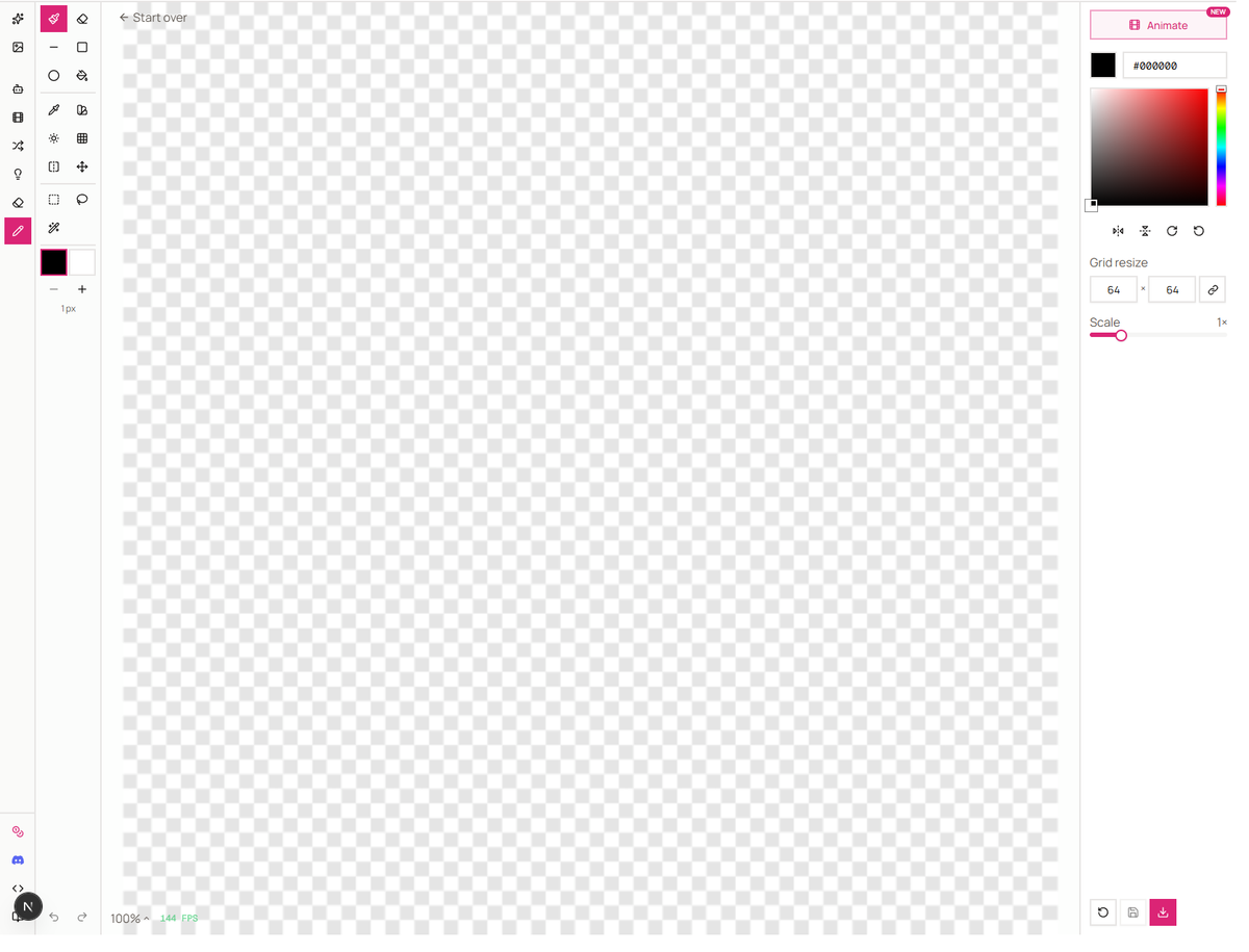 A fresh 64x64 canvas in the Pixel editor with the grid, tools, and color picker ready