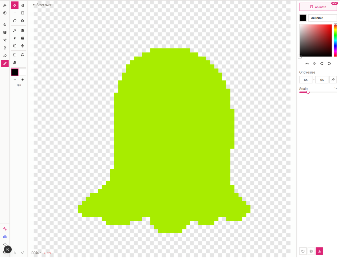The slime blocked in as a single bright green silhouette in the Pixel editor