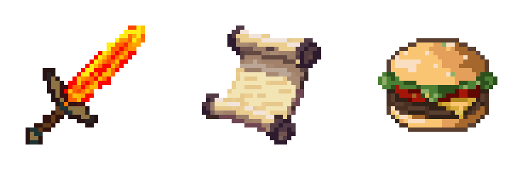 Une épée enflammée, un parchemin et un hamburger, chacun dessiné comme texture d'objet pixel art de 32 par 32