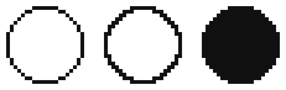 Trois cercles pixel de 21 blocs de large, contour à 56 blocs, contour épais à 80, plein à 349