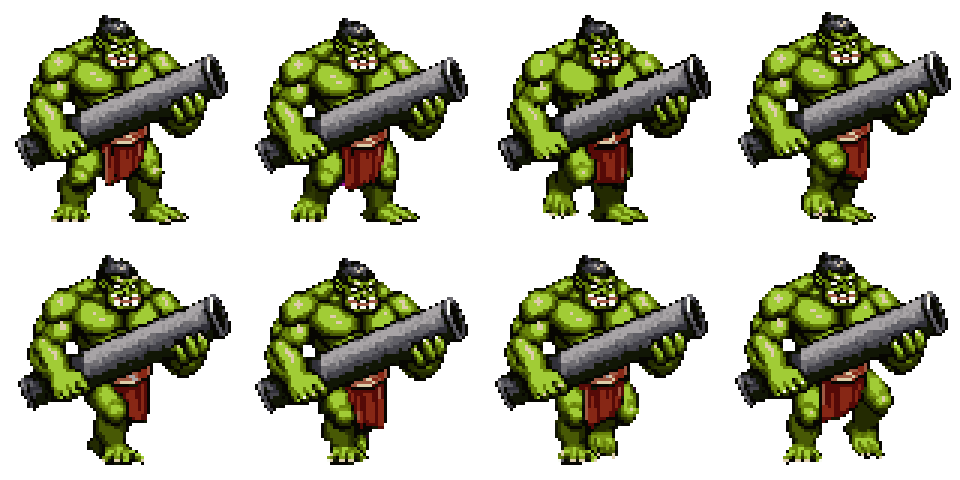 The same ogre walk cycle as a 4x2 sprite sheet PNG, exactly as the converter outputs it