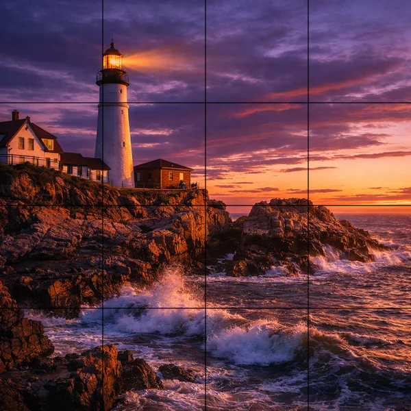 A lighthouse photo divided into a 4 column grid with 2px black lines