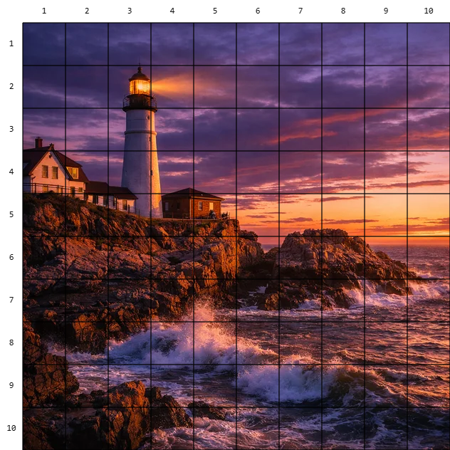 The same lighthouse photo as a numbered 10 by 10 grid template with coordinates along the edges