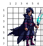 A lightning mage sprite as a numbered pixel art grid template with 8px cells