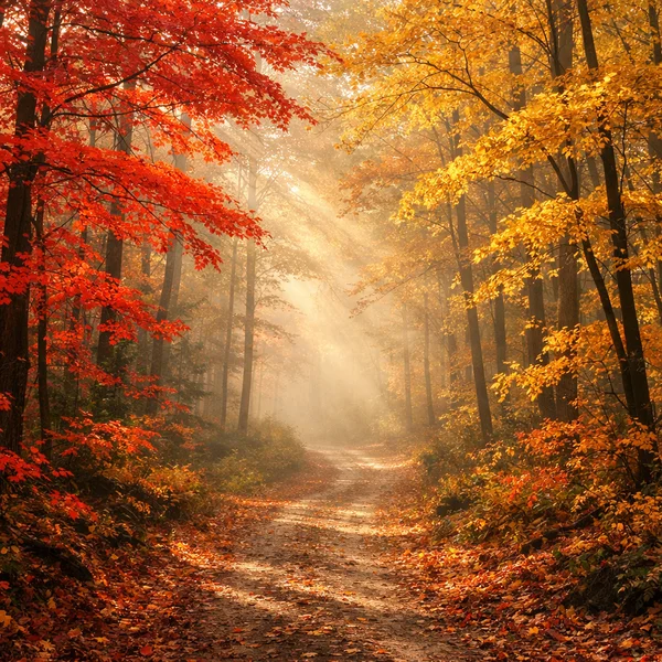 An autumn forest photo with fog and warm light