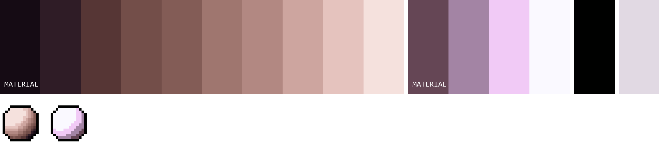 Une palette de 16 couleurs divisée en deux rampes de matière et une rampe neutre, avec une sphère ombrée sous chacune