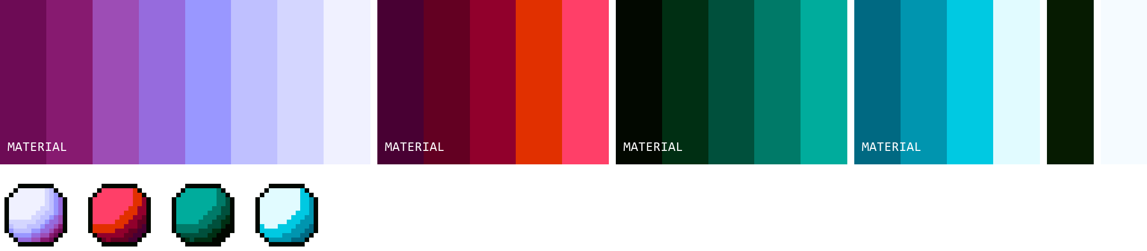Une palette de 24 couleurs divisée en quatre rampes de matière plus neutres et accents, avec une sphère ombrée sous chaque rampe