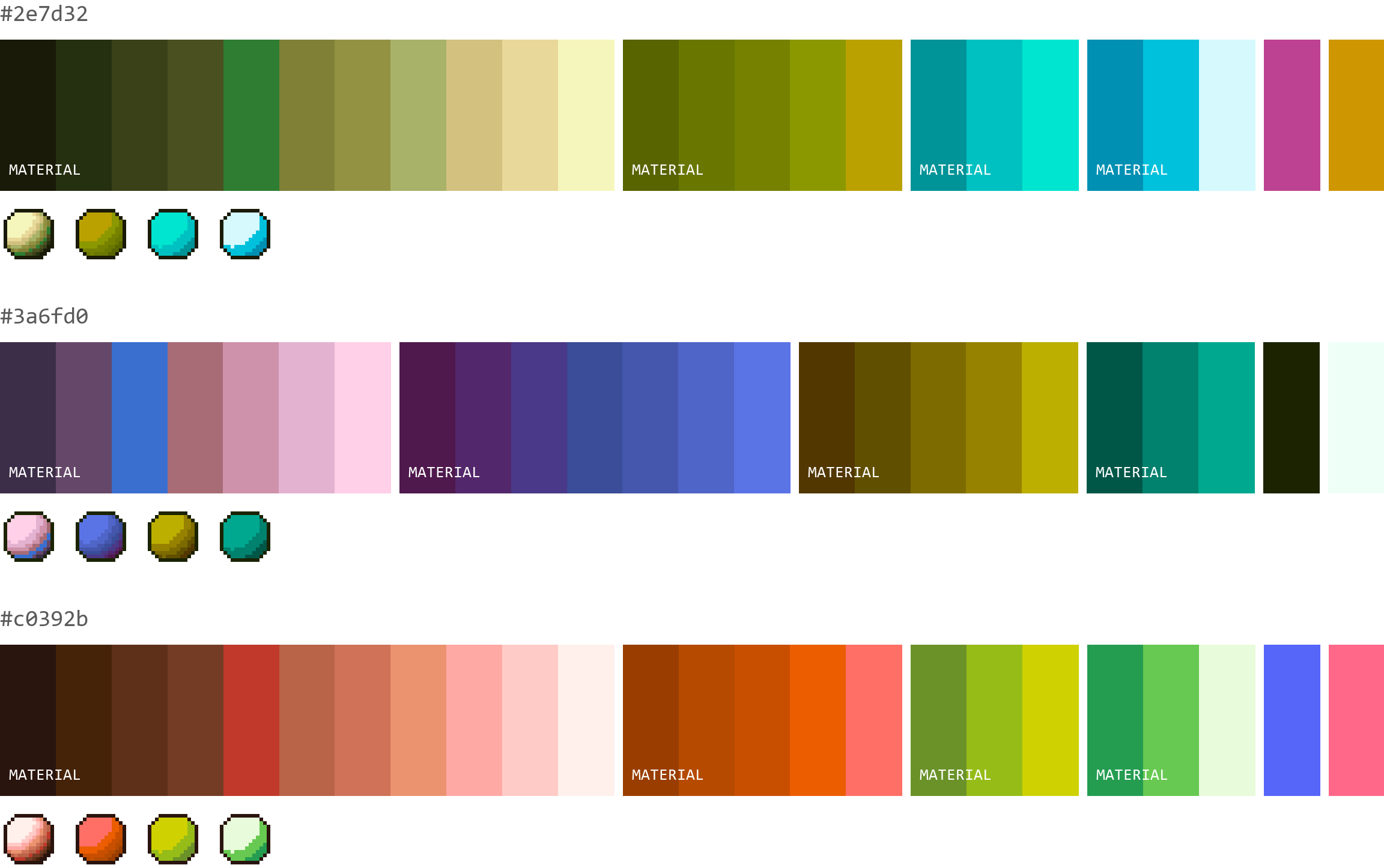 La même seed générée trois fois avec une couleur de base verte, bleue et rouge, chacune donnant une palette différente bâtie autour de cette couleur