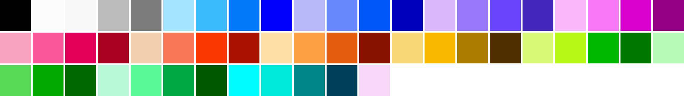 Les 54 couleurs NES en grille d'échantillons, gris et bleus jusqu'aux rouges, jaunes, verts et cyans