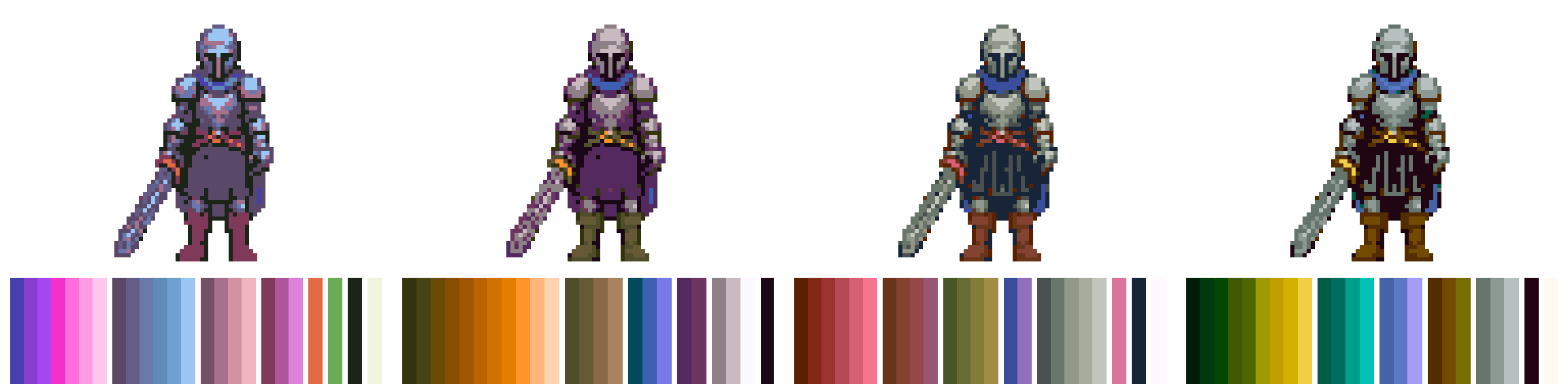 Le même sprite de chevalier recoloré par quatre palettes générées, rose, orange, rouge et verte, chacune au-dessus de sa bande de palette
