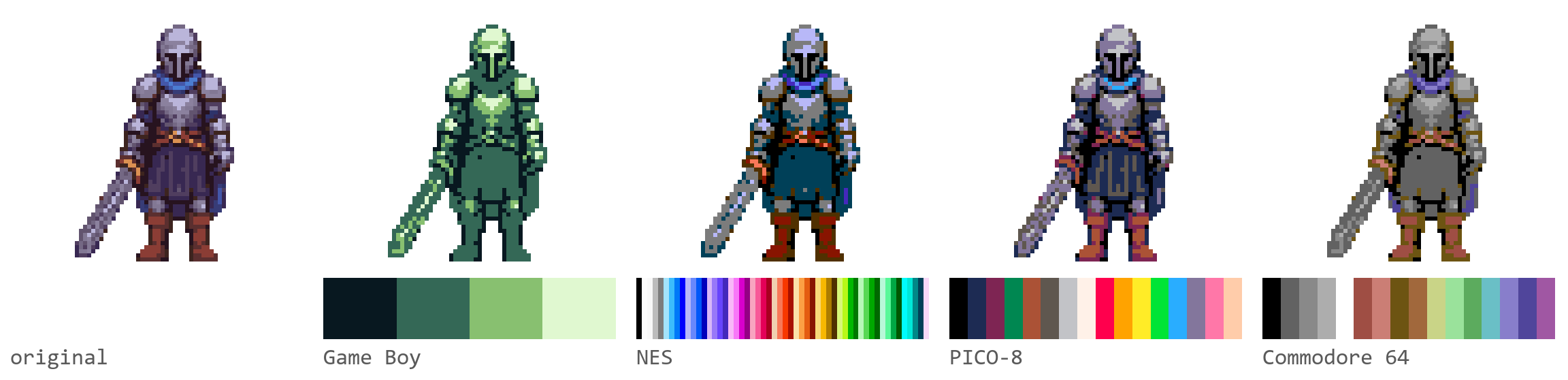 Un sprite de chevalier montré cinq fois, dans ses couleurs d'origine puis recoloré aux palettes Game Boy, NES, PICO-8 et Commodore 64, chacun au-dessus de sa bande de palette