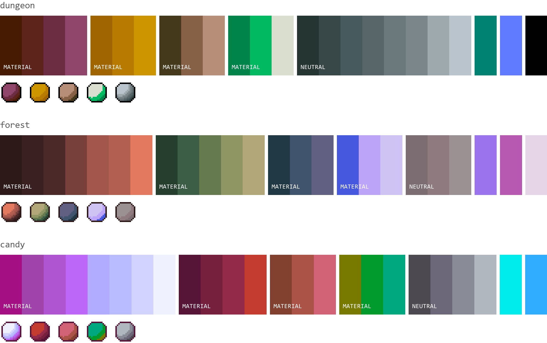Trois palettes de 24 couleurs générées avec les thèmes donjon, forêt et bonbon, chacune bâtie sur un ensemble de teintes différent