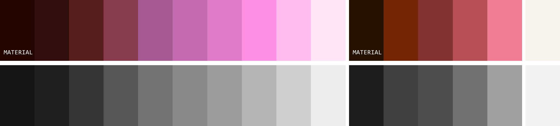 Une palette de 16 couleurs en couleur au-dessus et désaturée en dessous, où chaque rampe devient un escalier de gris