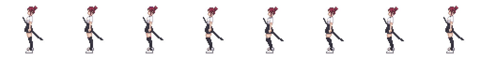 An 8-frame katana girl idle animation packed into a horizontal sprite sheet by the tool