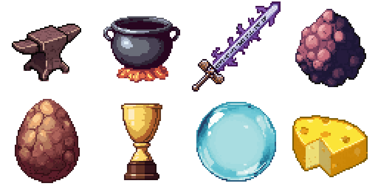 Eight game item sprites, an anvil, a cauldron, a sword, ore, an egg, a trophy, an orb, and cheese, packed into one 4x2 texture atlas by the tool