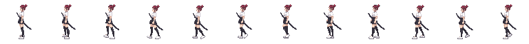 A 768 by 64 pixel sprite sheet holding twelve frames of a katana girl walk cycle in one row