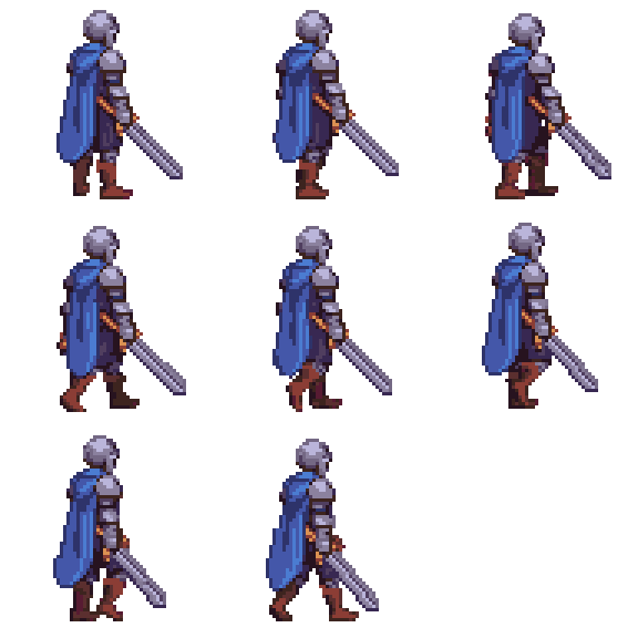 A 192 by 192 pixel sprite sheet, a 3 by 3 grid holding 8 knight frames with the bottom right cell empty