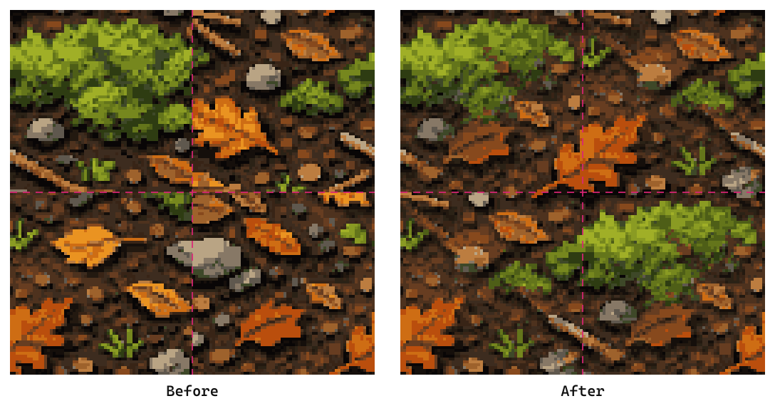 Une texture de sol forestier découpée, avant et après traitement, zoomée sur le point où quatre tuiles se rejoignent