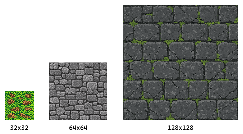 Une tuile d'herbe 32x32, une tuile de pavé 64x64 et une tuile de brique moussue 128x128 à leur taille relative réelle