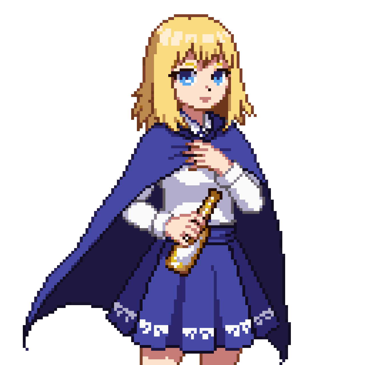 Blonde girl in blue cape pixel art