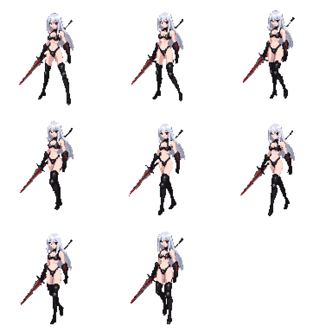 Anime Character with White Hair and Steel Armor Walking pixel art