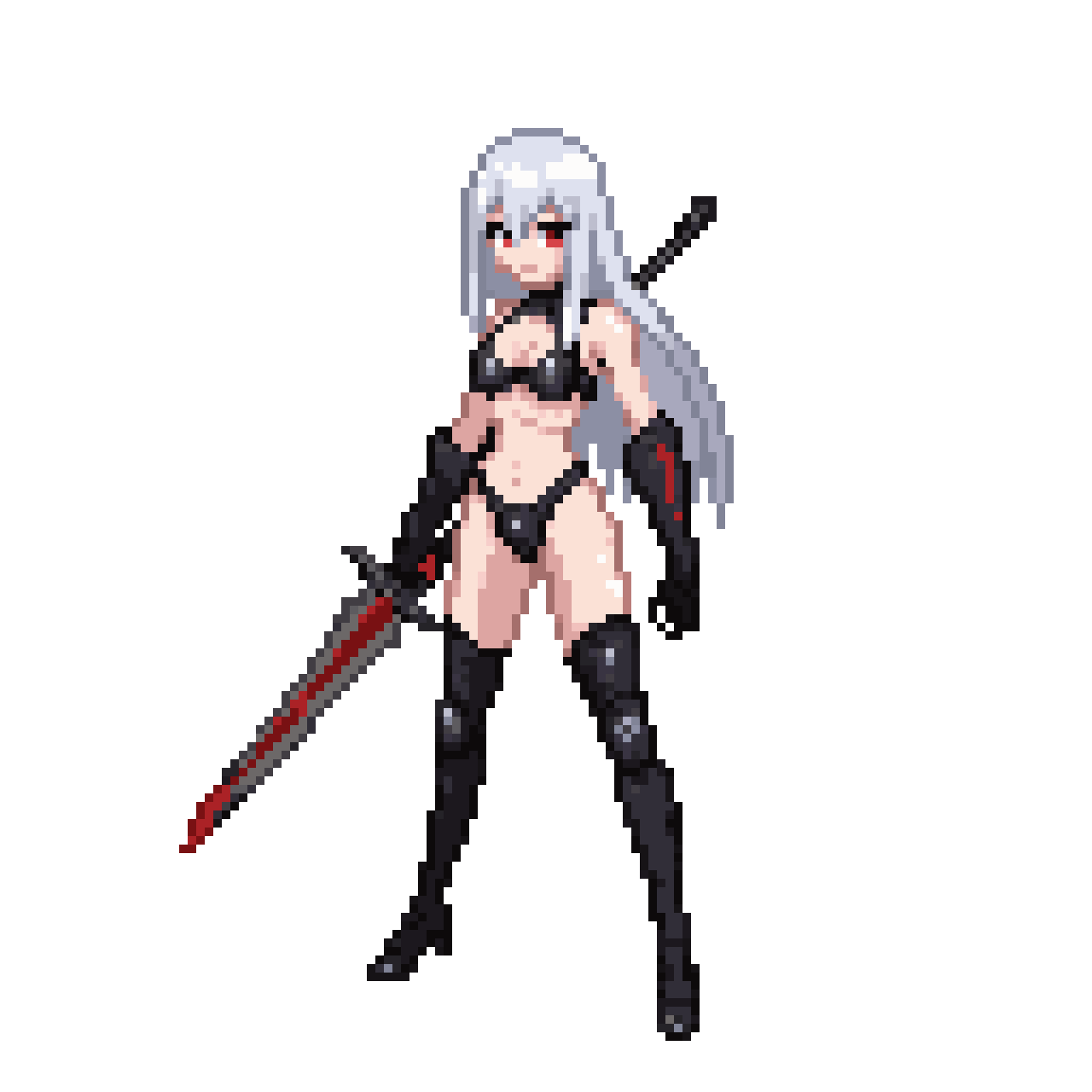 Anime Character with White Hair and Steel Armor pixel art