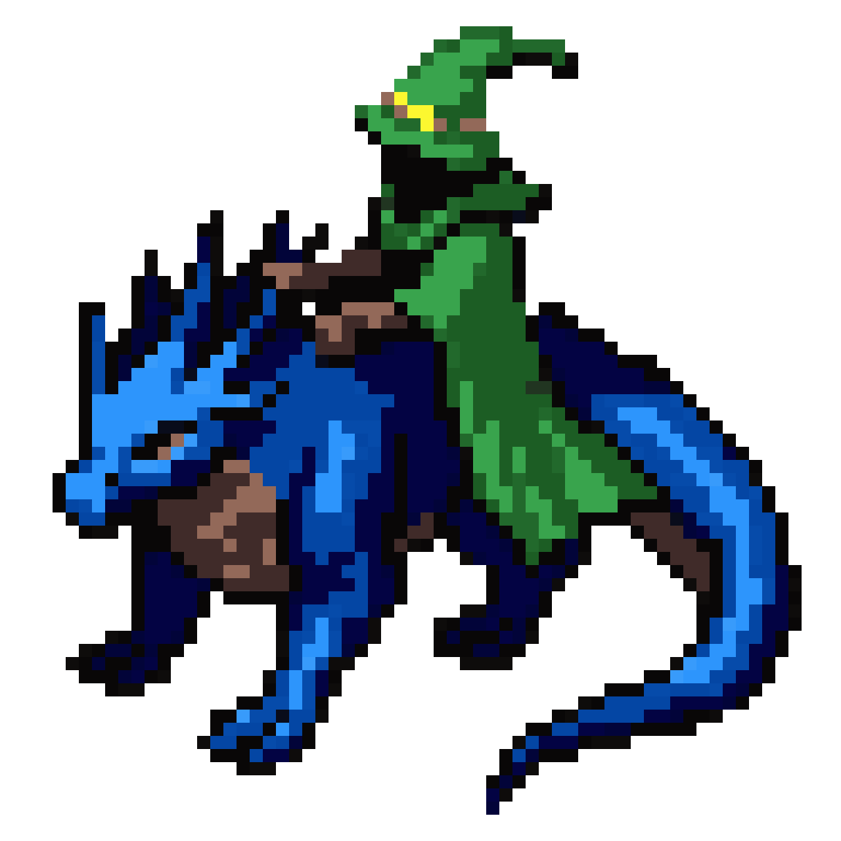 Wizard with Green Cape on Blue Dragon pixel art
