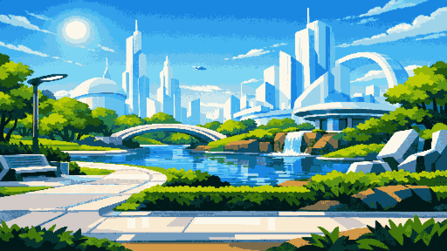 Futuristic city park with white buildings pixel art