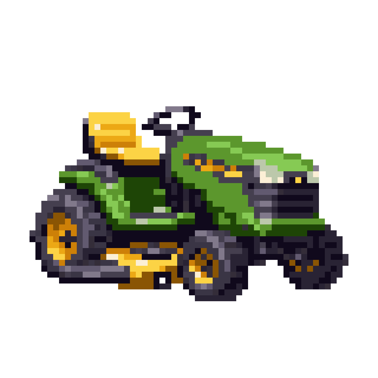 green driving lawn mower with shiny blade pixel art