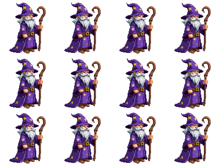 Wizard with Purple Hat and Robe Idle pixel art