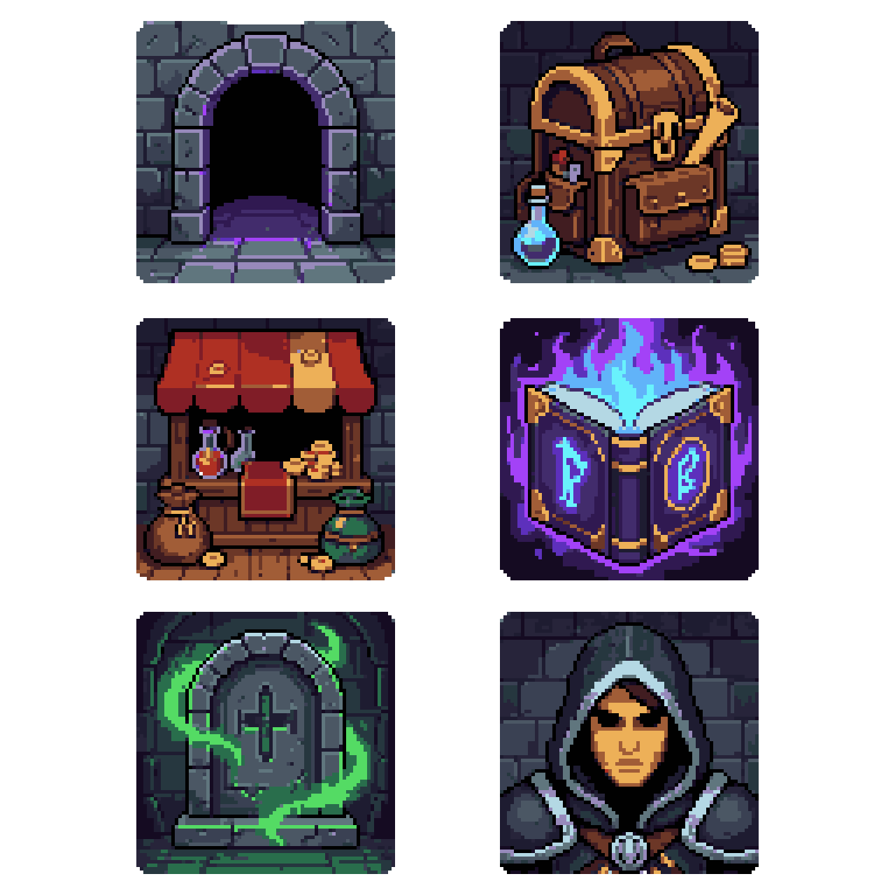 Generate a set of 6 pixel art