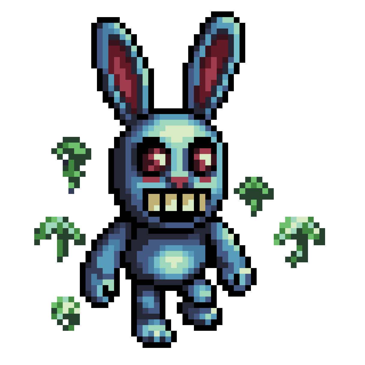 Blue humanoid creepy animatronic rabbit, pixel art