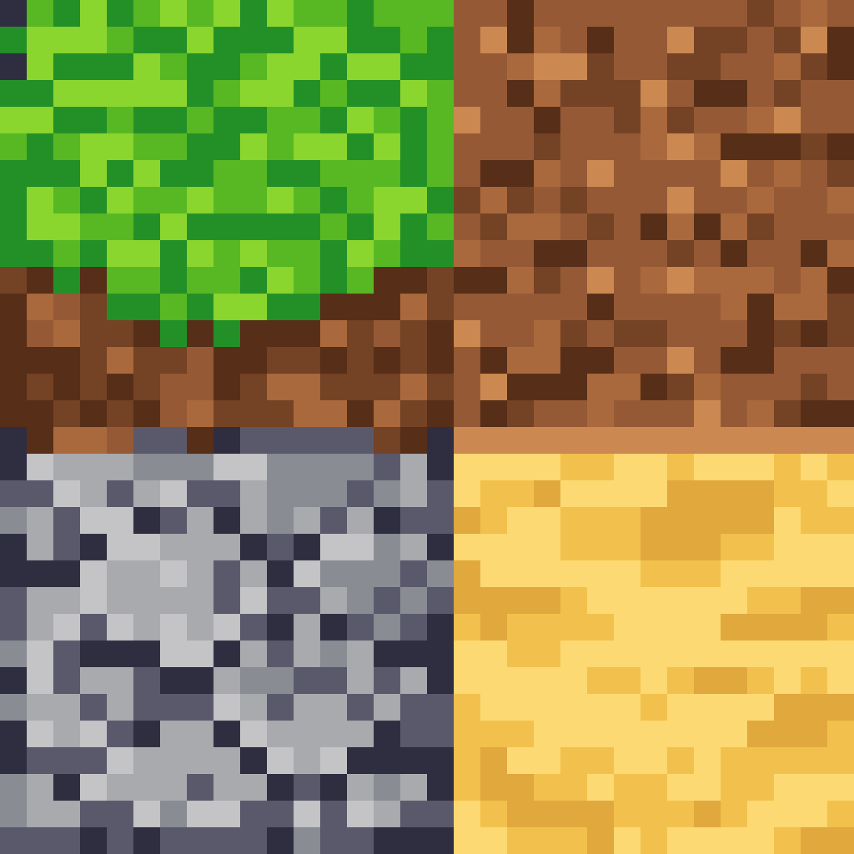 2D Textures: Grass, Soil, Stone, Sand pixel art