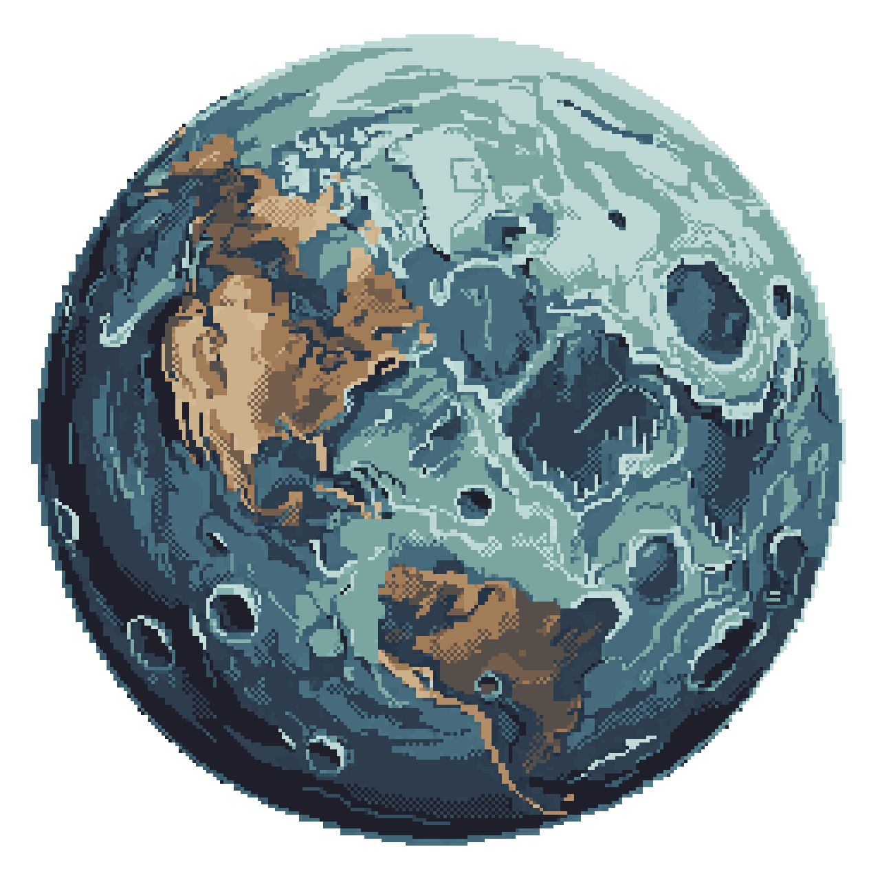 Perfect circular realistic ice planet pixel art