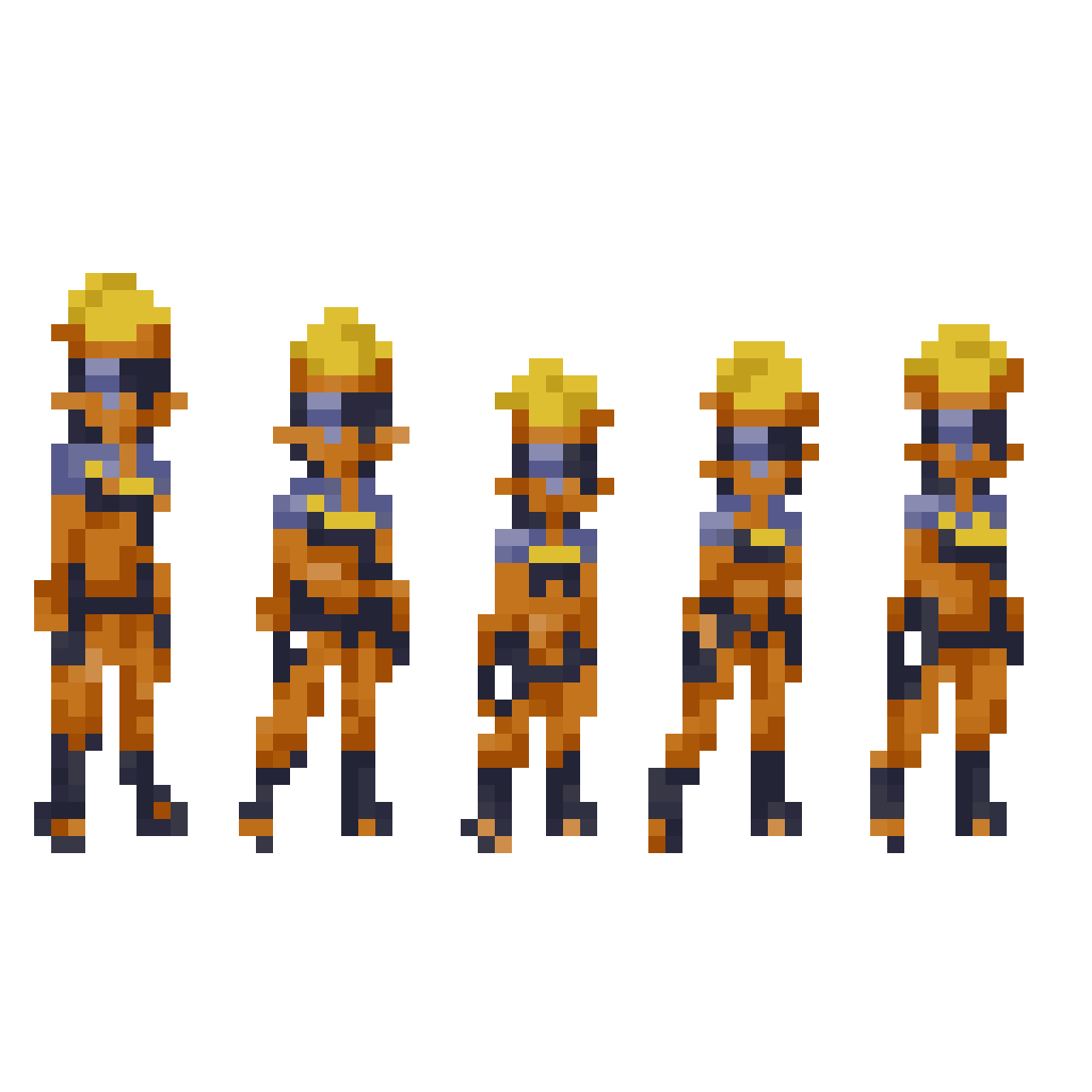 five identical characters in same posture pixel art