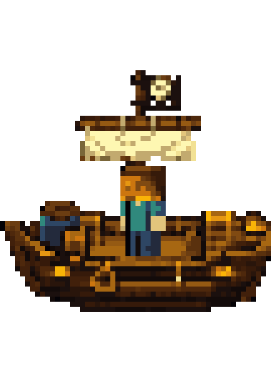 Minecraft-style Steve on Pirate Ship pixel art