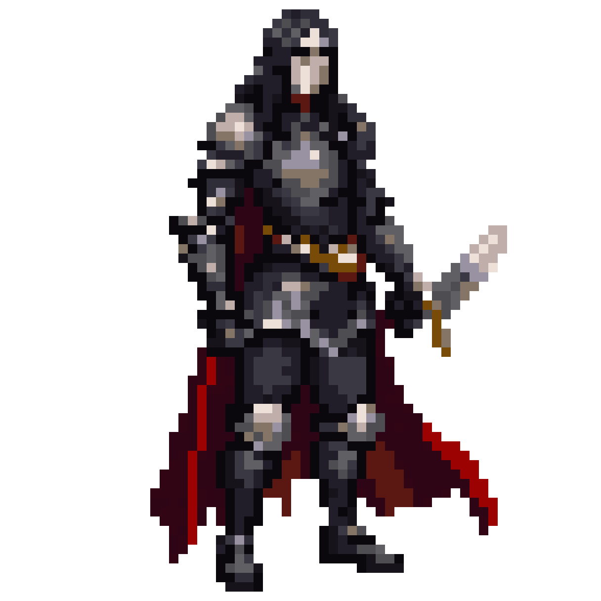 medieval dark knight with long black hair pixel art